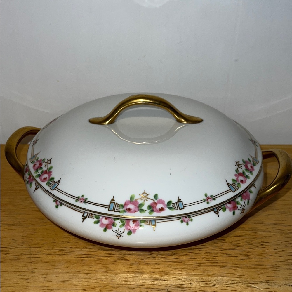 Antique Nippon Porcelain Elegant Floral Lidded Serving Dish with Gold Accents